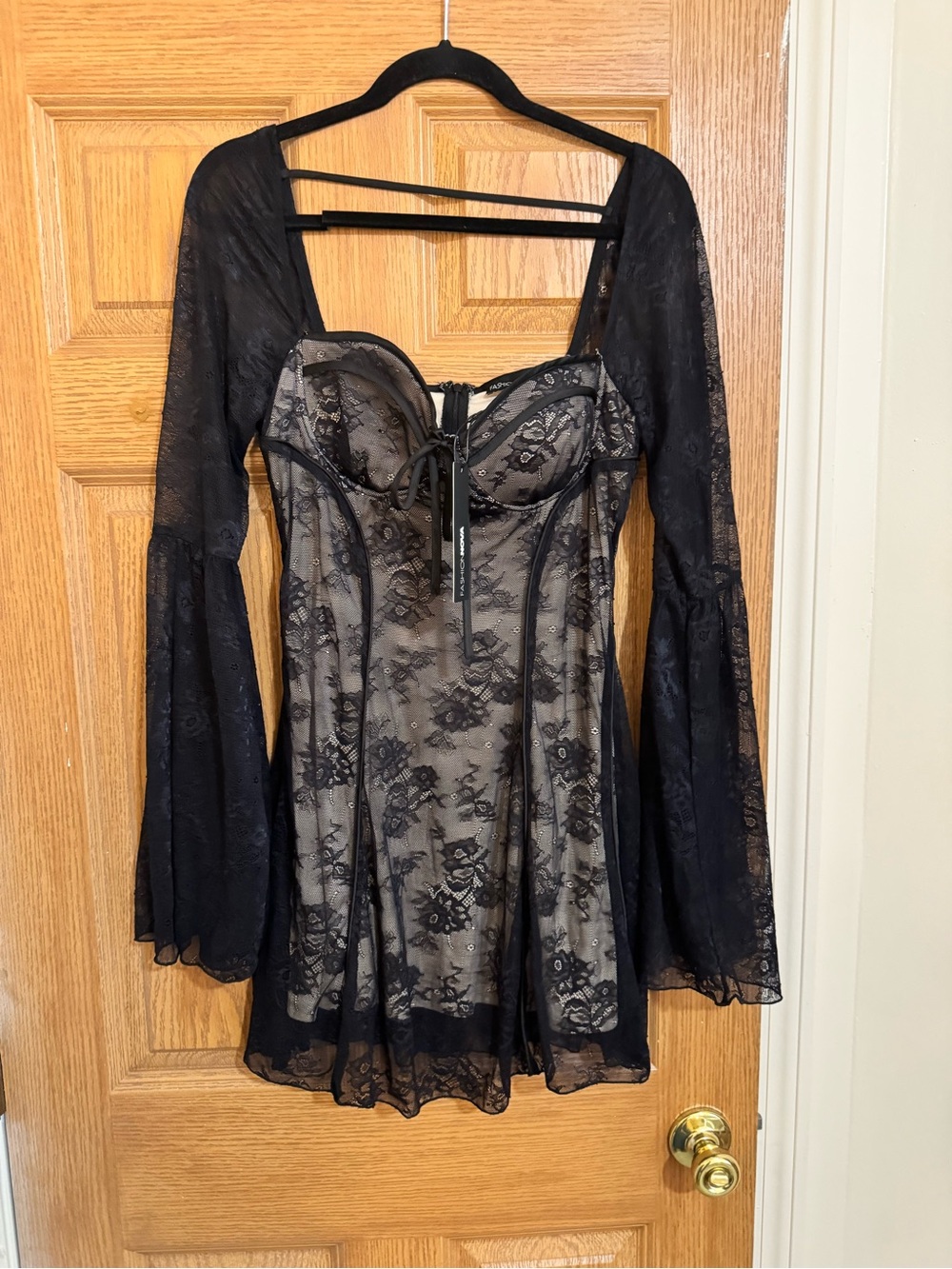 Black Lace Long-Sleeve Babydoll Mini Dress